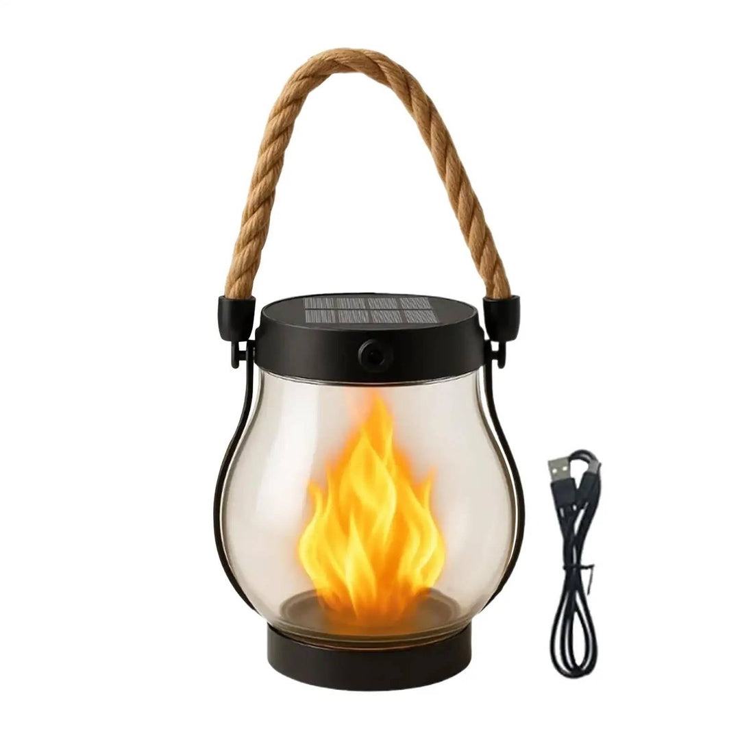 Solar Lantern | Flickering Flame, Rope Handle | Patio Garden Light | Black