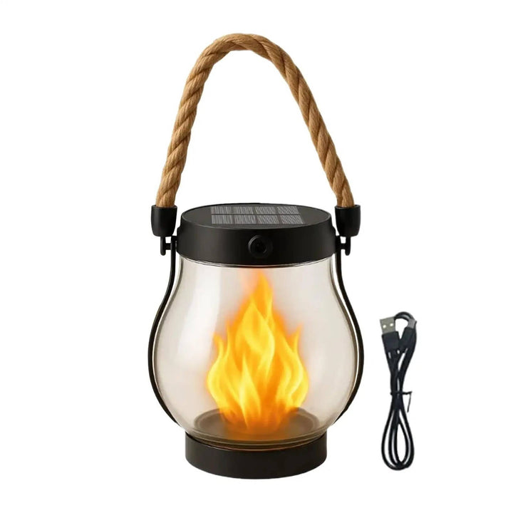 Solar Lantern | Flickering Flame, Rope Handle | Patio Garden Light | Black