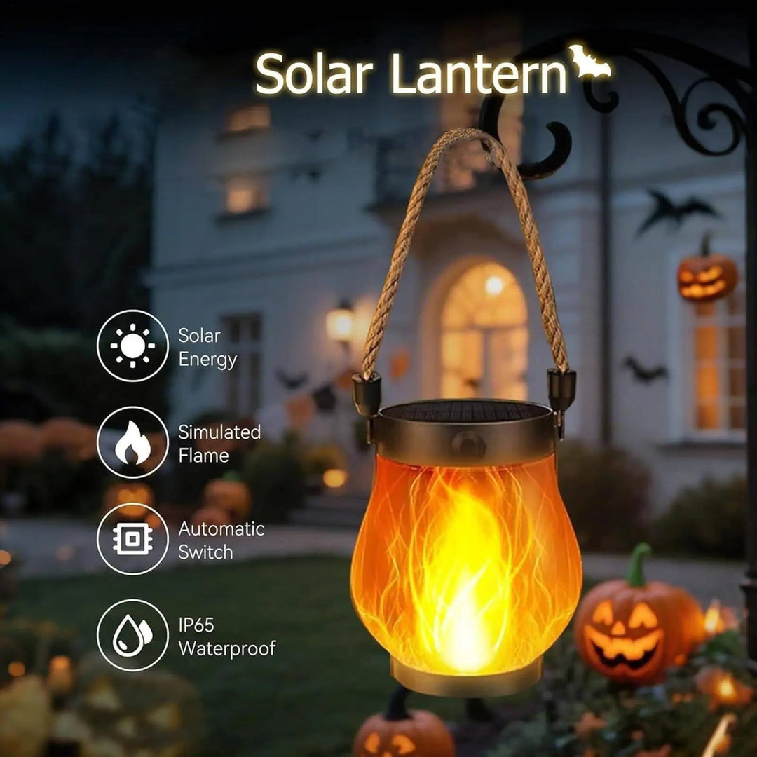 Solar Lantern | Flickering Flame, Rope Handle | Patio Garden Light | Black