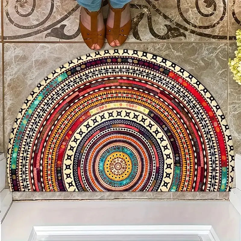 Bohemian Half-Round Doormat | Absorbent, Non-Slip Welcome | Entryway, Patio