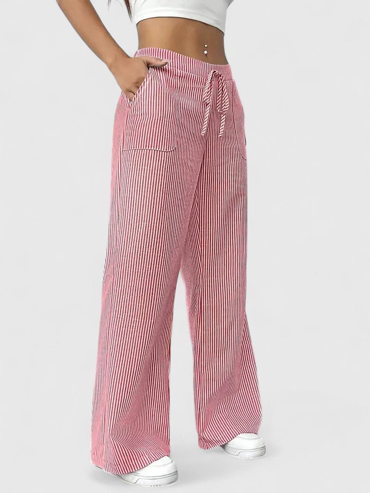 Women's Striped Wide-Leg Drawstring Trousers