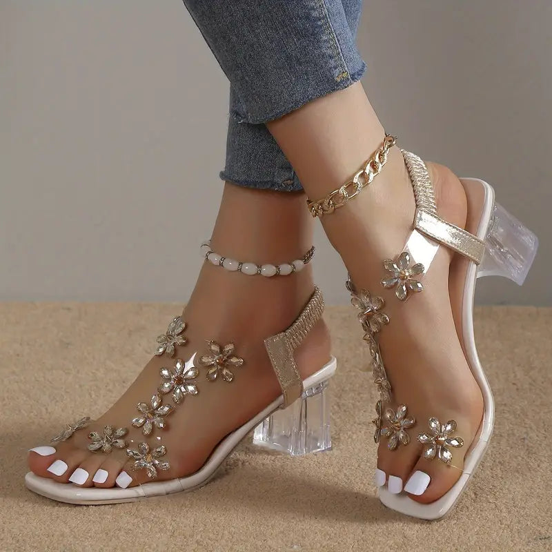 Covernorth Women's Rhinestone Flower Clear Block Heel Sandals