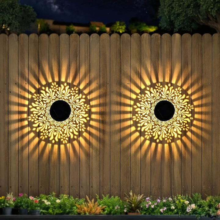 Decorative Solar Wall Lamp Metal Peony Pattern Outdoor Lighting 2 Piece Set