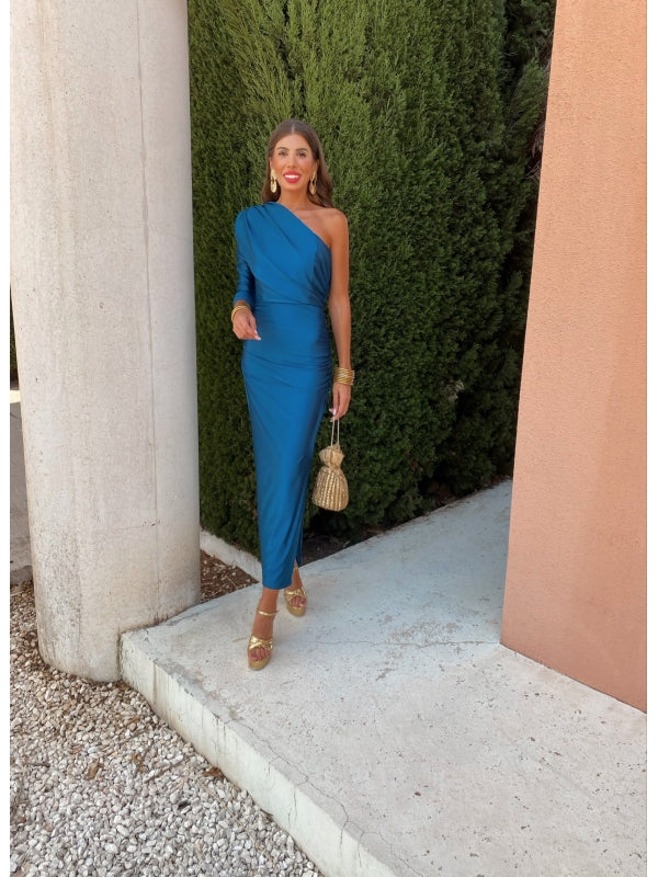 Women's One-Shoulder Draped Satin Maxi Dress