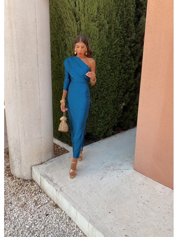 Women's One-Shoulder Draped Satin Maxi Dress
