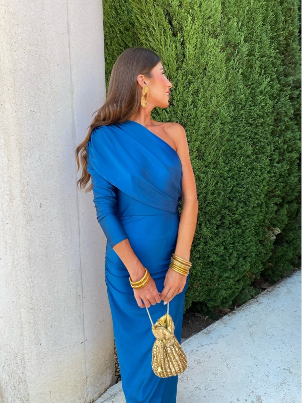 Women's One-Shoulder Draped Satin Maxi Dress