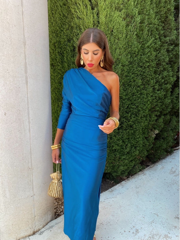 Women's One-Shoulder Draped Satin Maxi Dress