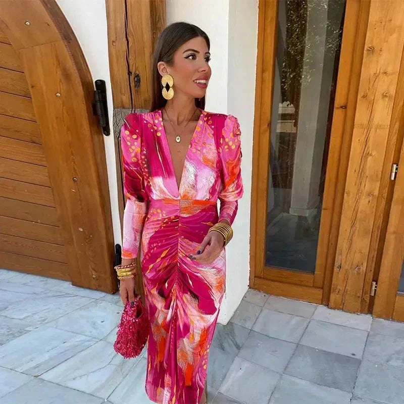 Women's Abstract Print Ruched Puff-Sleeve Midi Dress