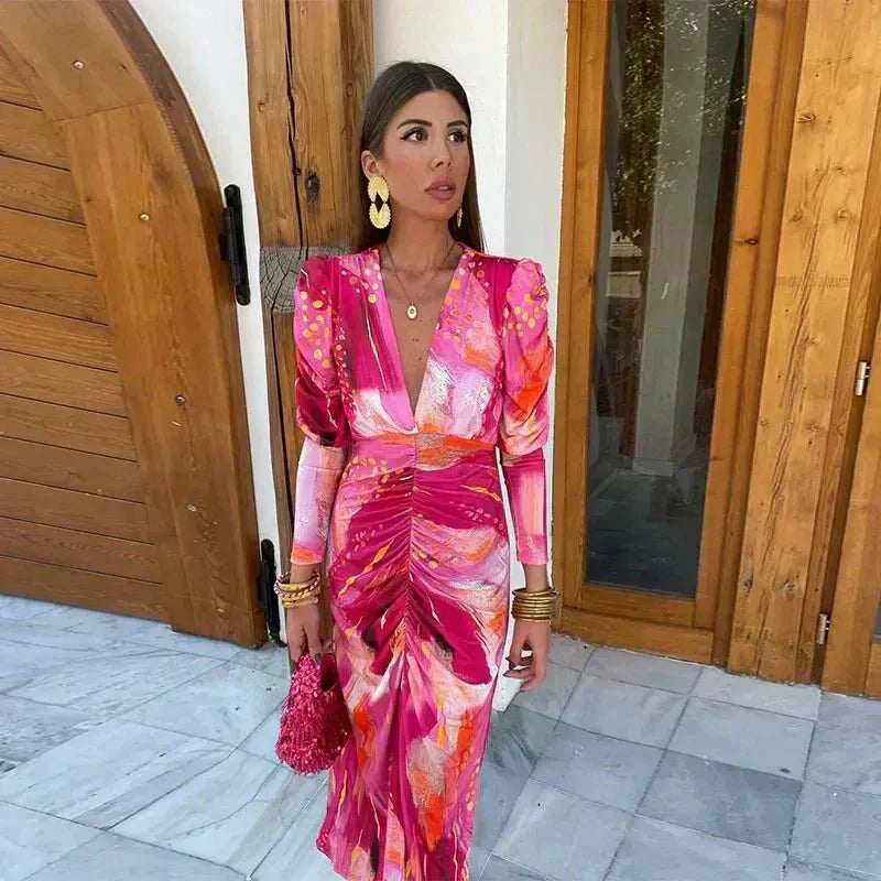 Women's Abstract Print Ruched Puff-Sleeve Midi Dress