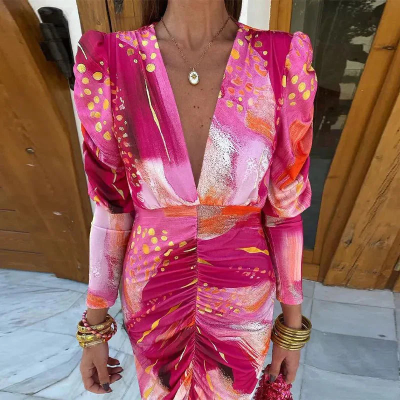 Women's Abstract Print Ruched Puff-Sleeve Midi Dress