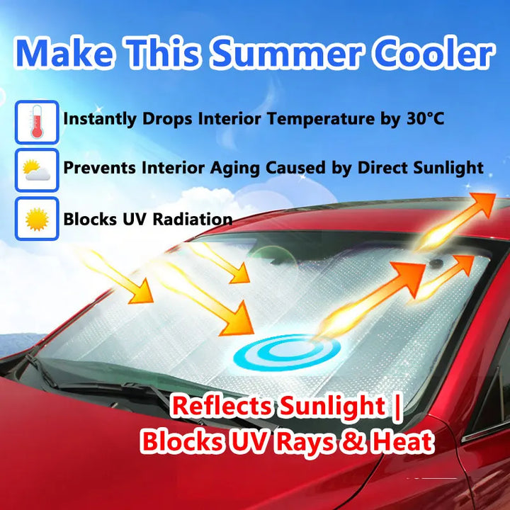 Car Windshield Sunshade | Foil Heat Deflector | Cool Interior, Front and Rear | Silver