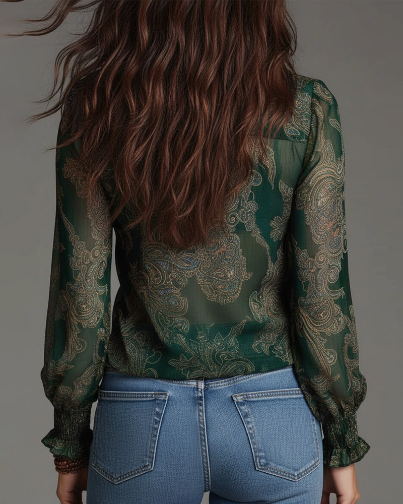 Women’s Ruffle V-Neck Paisley Blouse