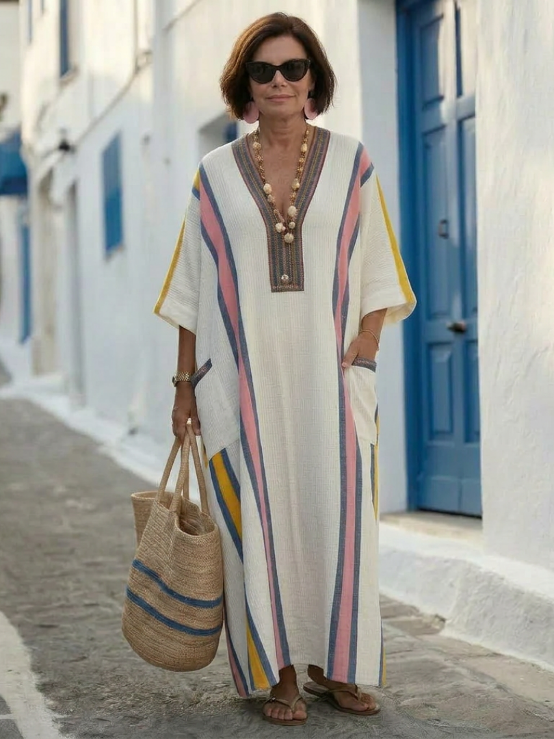 Women V-Neck Striped Maxi Kaftan Dress