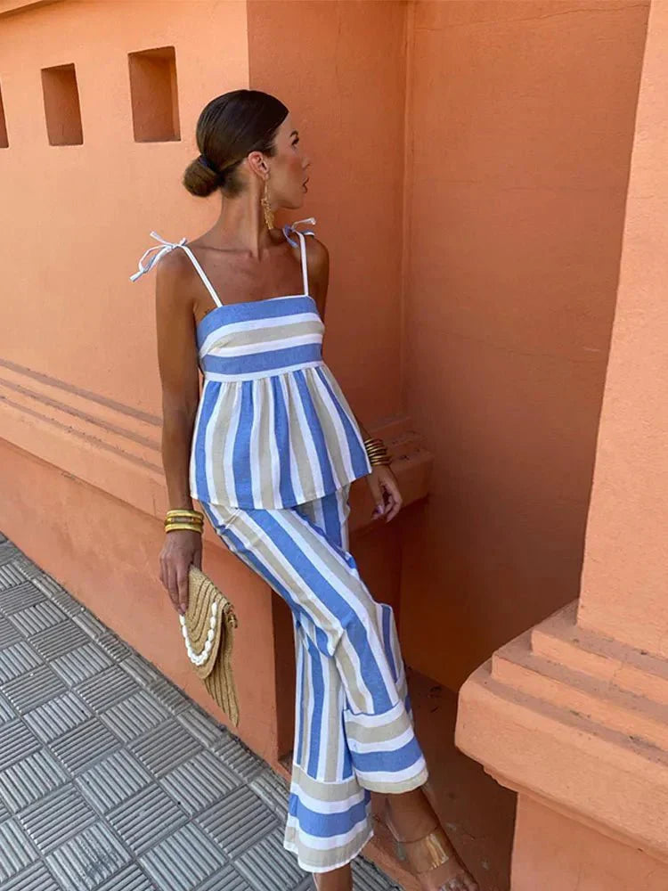 Covernorth Women's Striped Camisole and Wide-Leg Trousers Set