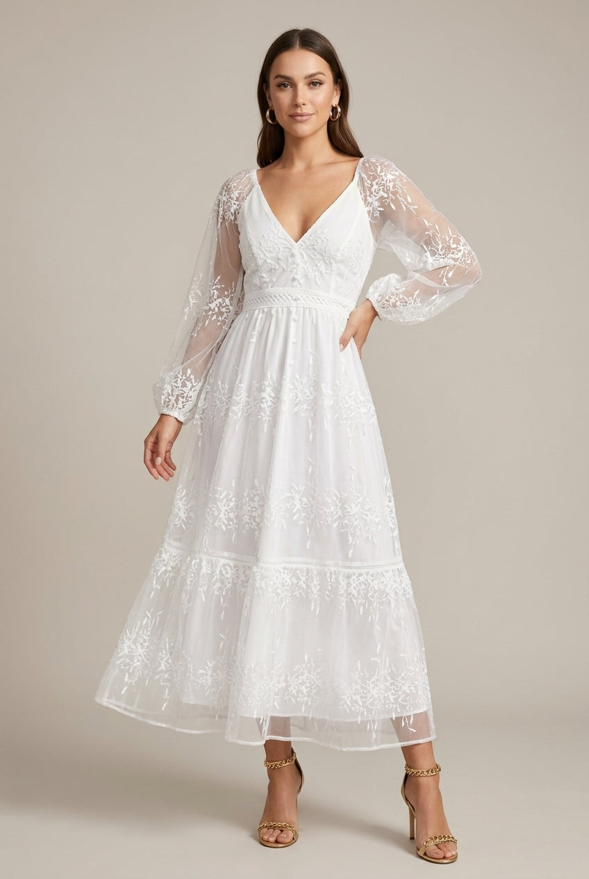 Sheer Long-Sleeve Tiered Midi Dress
