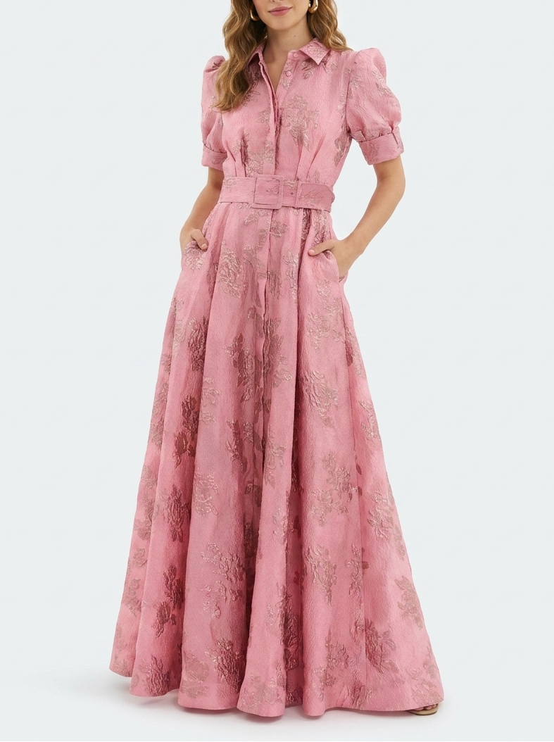 Covernorth Women's Floral Jacquard Belted Maxi Shirt Dress