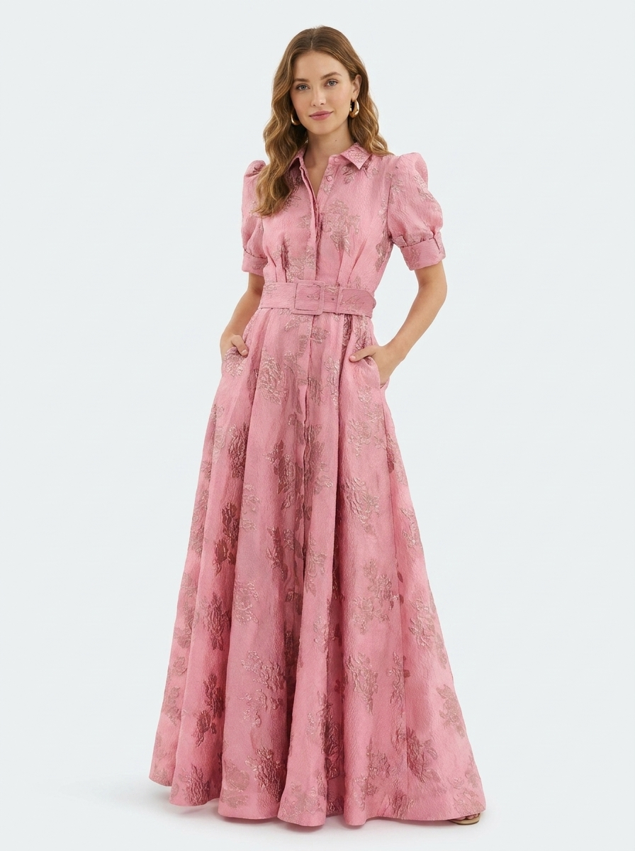 Covernorth Women's Floral Jacquard Belted Maxi Shirt Dress