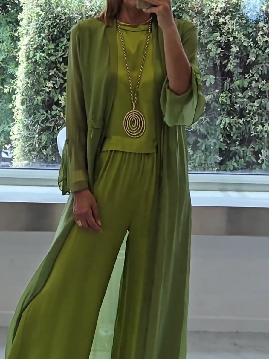 Women's Three-Piece Wide-Leg Pant Set with Duster Cardigan