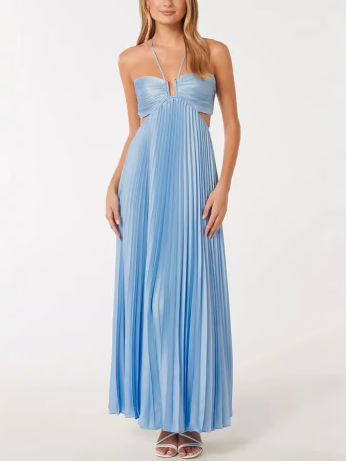 Women's Satin Halter Pleated Formal Maxi Dress