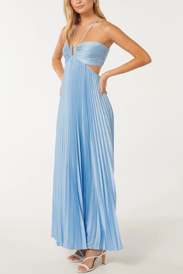 Women's Satin Halter Pleated Formal Maxi Dress