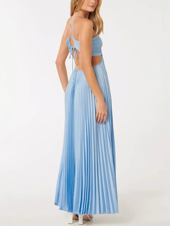 Women's Satin Halter Pleated Formal Maxi Dress
