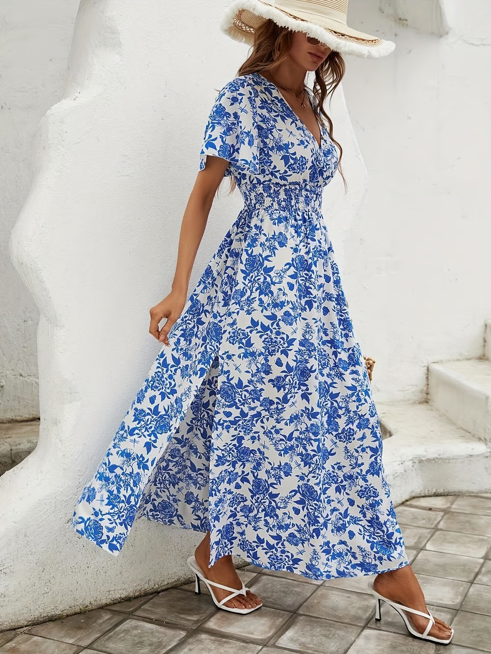 Covernorth Women’s Floral V-Neck Side-Slit Maxi Dress