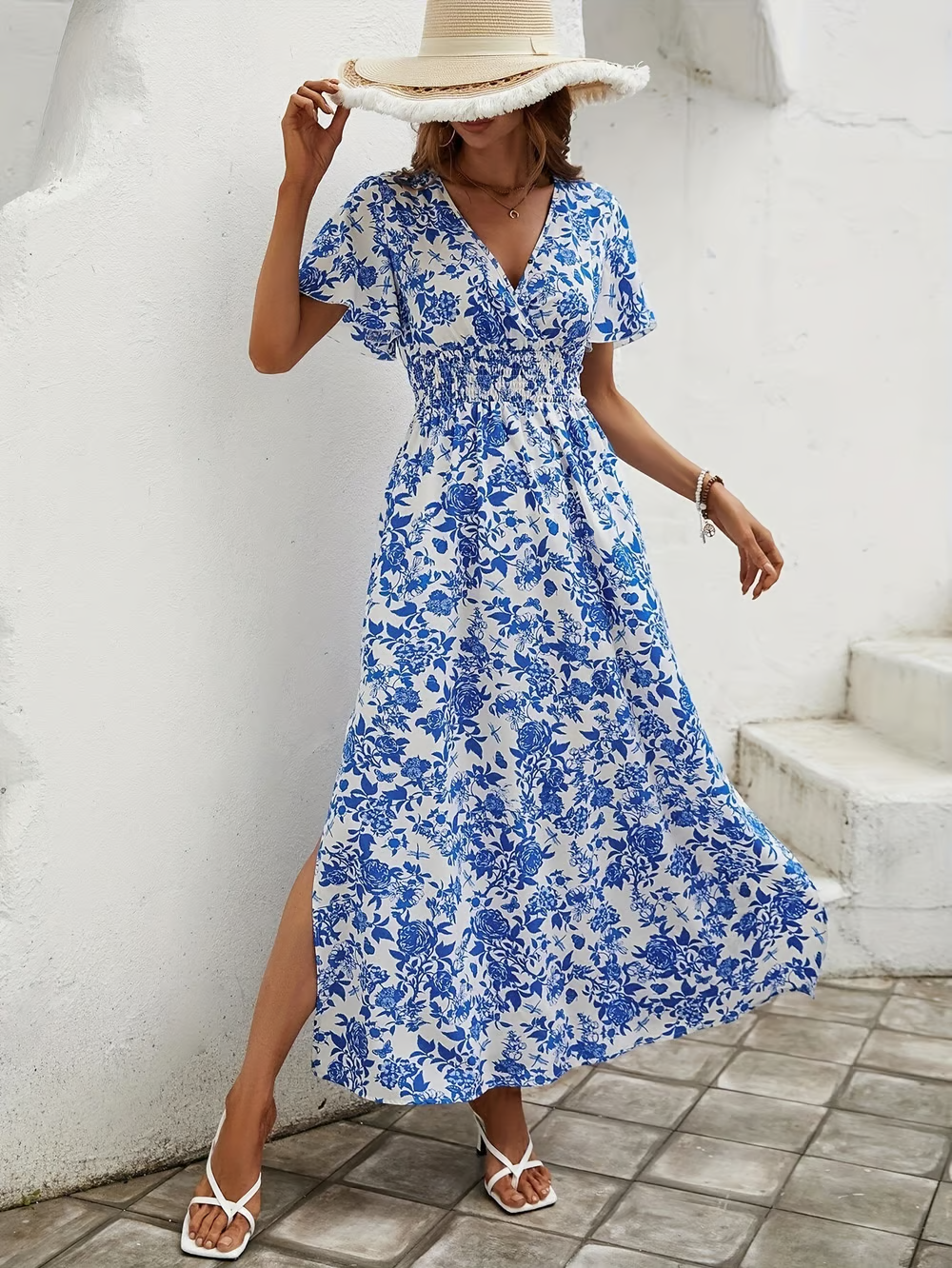 Covernorth Women’s Floral V-Neck Side-Slit Maxi Dress