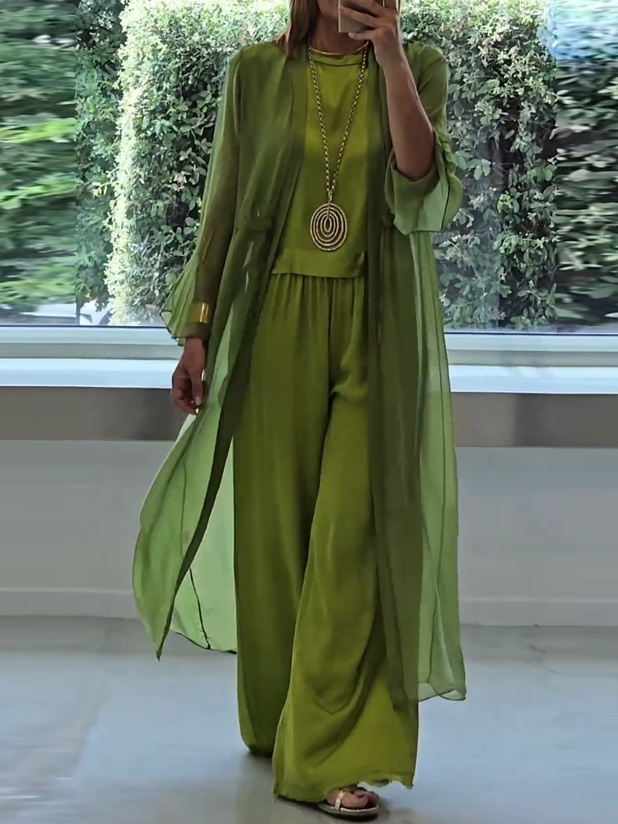 Women's Three-Piece Wide-Leg Pant Set with Duster Cardigan