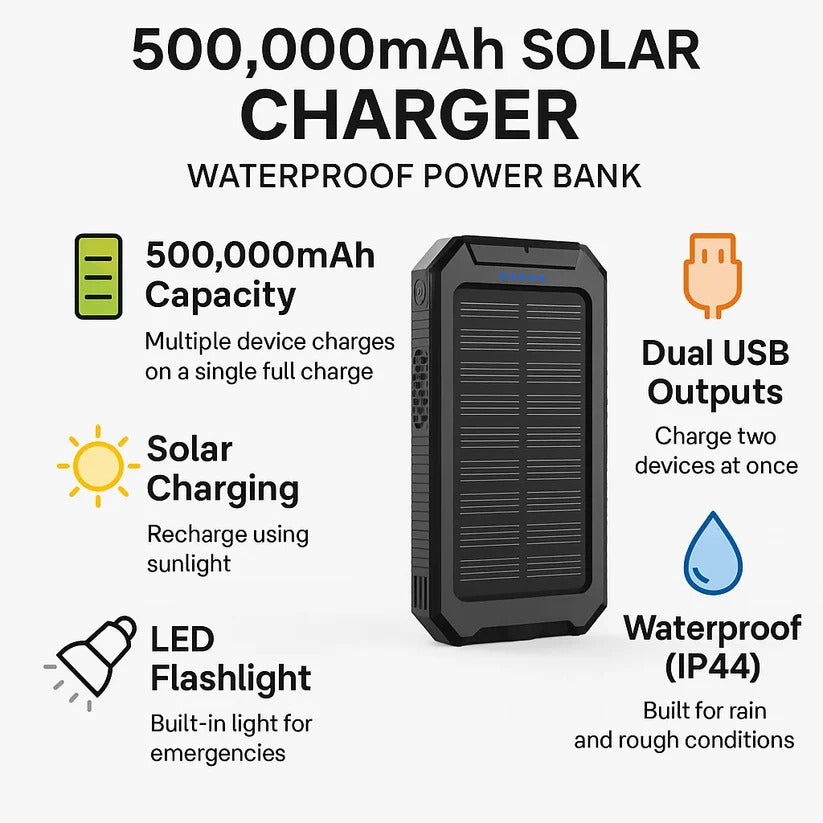 Ultra-Rugged 500000 mAh Solar Power Bank Waterproof Portable Charger