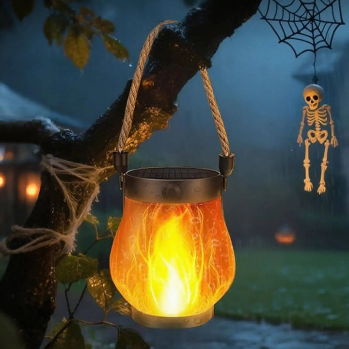 Solar Lantern | Flickering Flame, Rope Handle | Patio Garden Light | Black