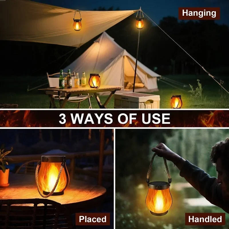 Solar Lantern | Flickering Flame, Rope Handle | Patio Garden Light | Black