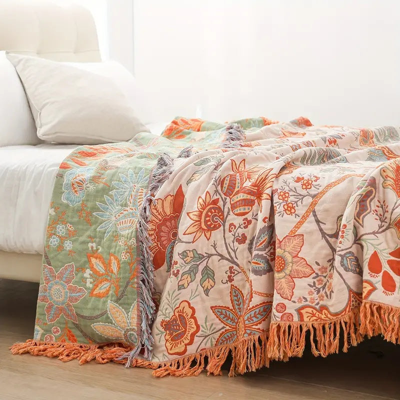 Bohemian Floral Throw Blanket - Luxury Fringed Couch Cover