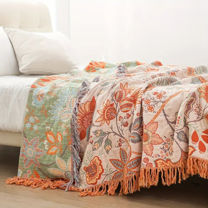 Bohemian Floral Throw Blanket - Luxury Fringed Couch Cover