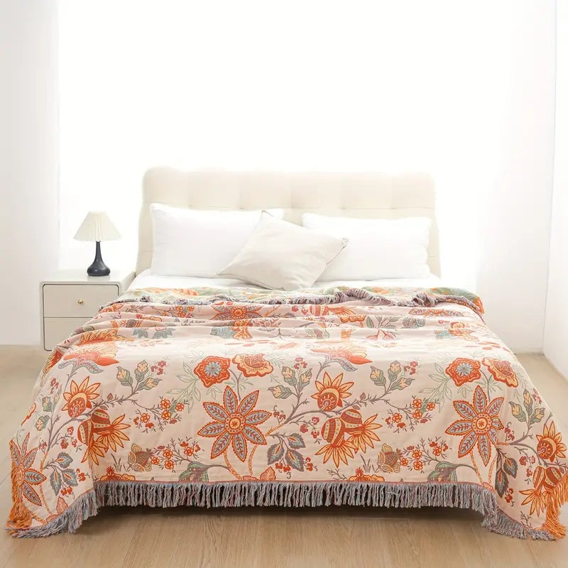 Bohemian Floral Throw Blanket - Luxury Fringed Couch Cover