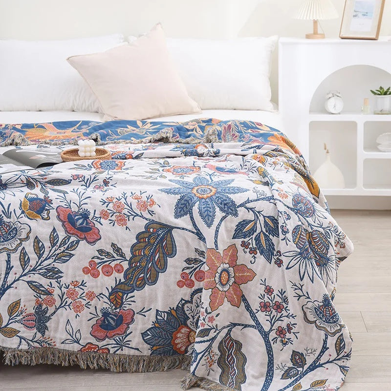 Vintage Floral Tapestry Throw Blanket with Tassels for Sofa Bed