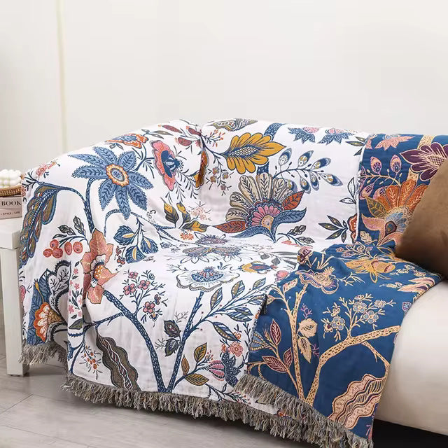 Vintage Floral Tapestry Throw Blanket with Tassels for Sofa Bed