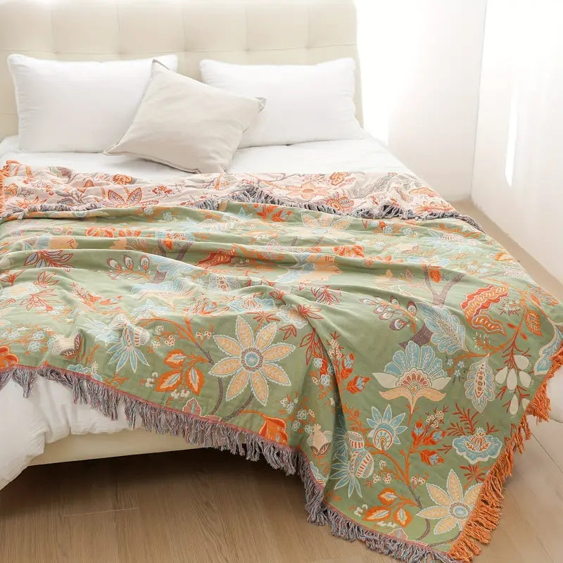Bohemian Floral Throw Blanket - Luxury Fringed Couch Cover