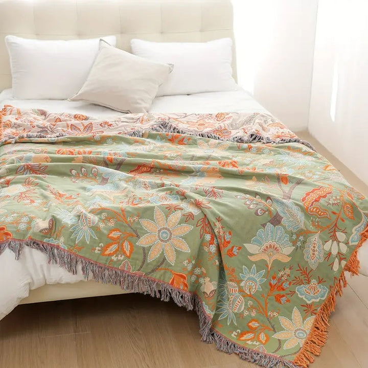 Bohemian Floral Throw Blanket - Luxury Fringed Couch Cover