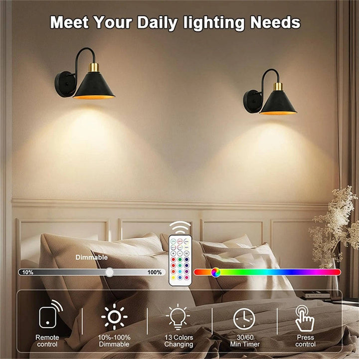 Battery Wall Sconces │ Remote RGB Color Changing │ Bedroom & Living 2Pc