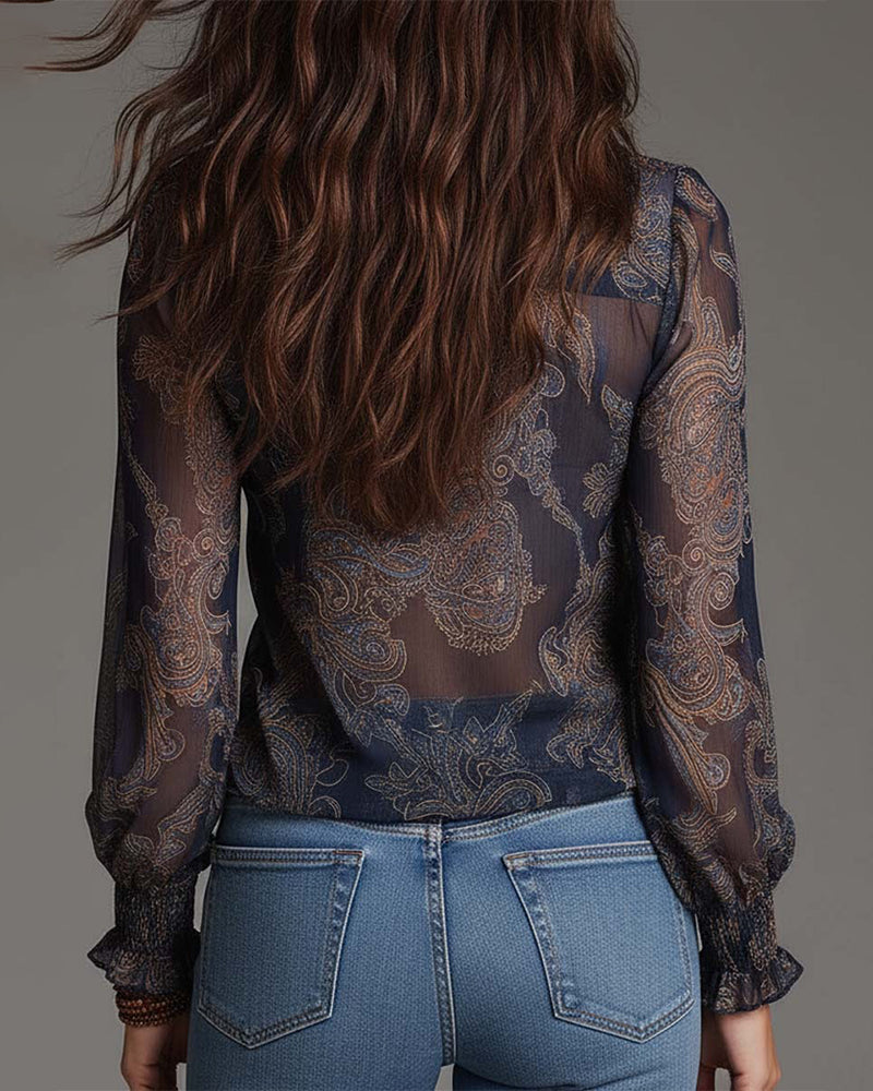 Women’s Ruffle V-Neck Paisley Blouse