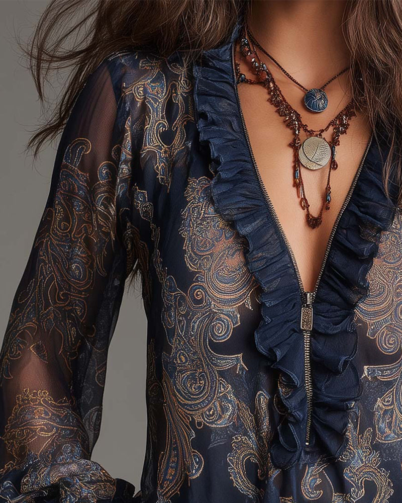 Women’s Ruffle V-Neck Paisley Blouse