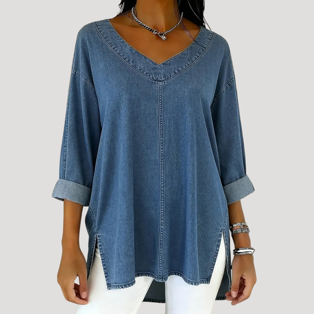 Women's Denim V-Neck Long Sleeve Blouse