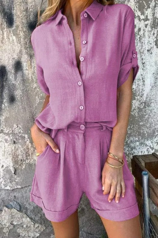 Women's Textured Button Down Shirt and Shorts Set