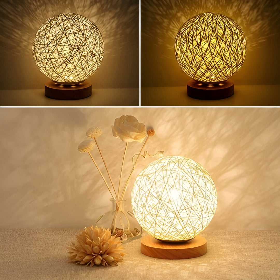 Rattan Ball Table Lamp | Warm Ambient Glow, USB | Bedroom, Desk | Beige