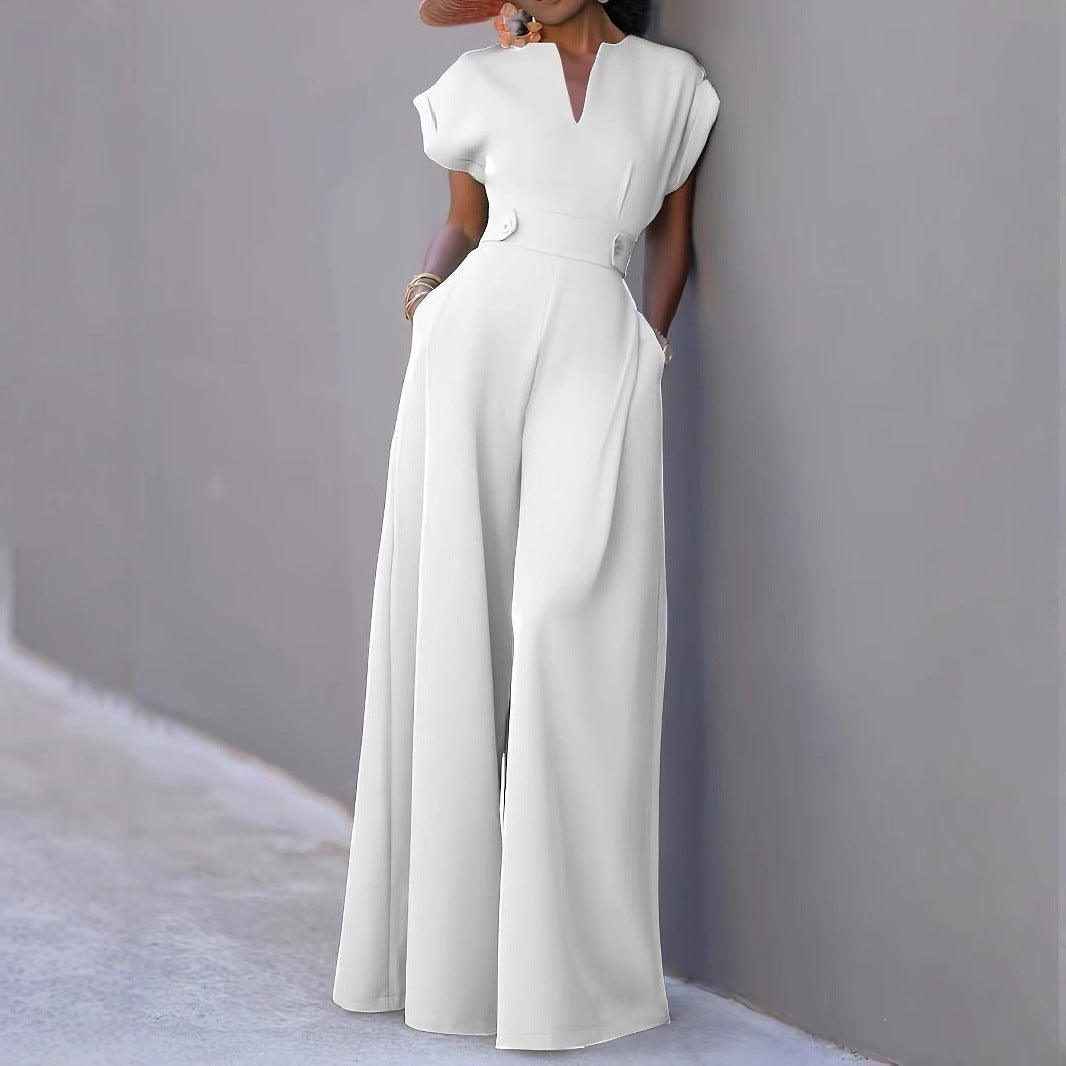 Women's V-Neck Wide-Leg Jumpsuit with Pockets