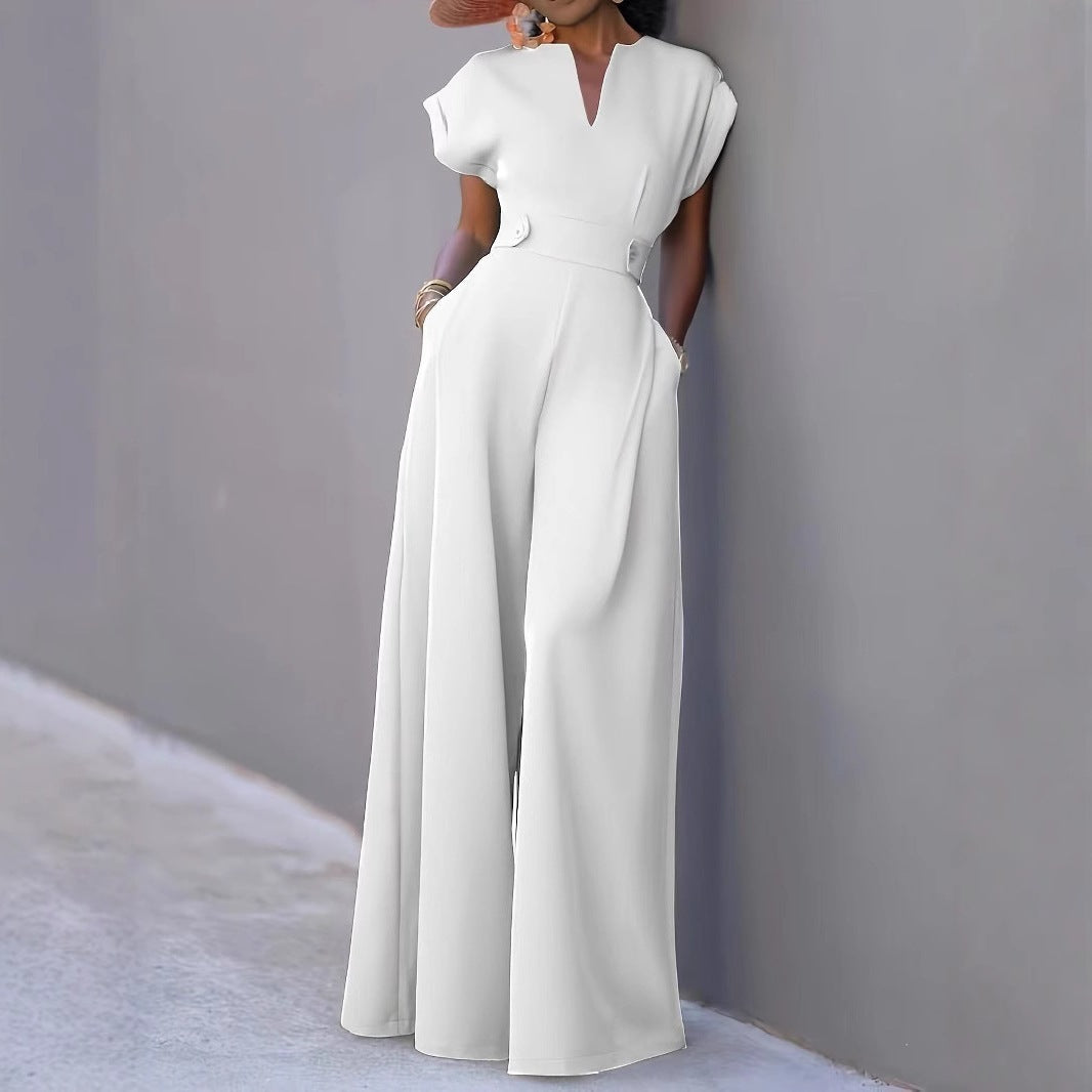 Women's V-Neck Wide-Leg Jumpsuit with Pockets