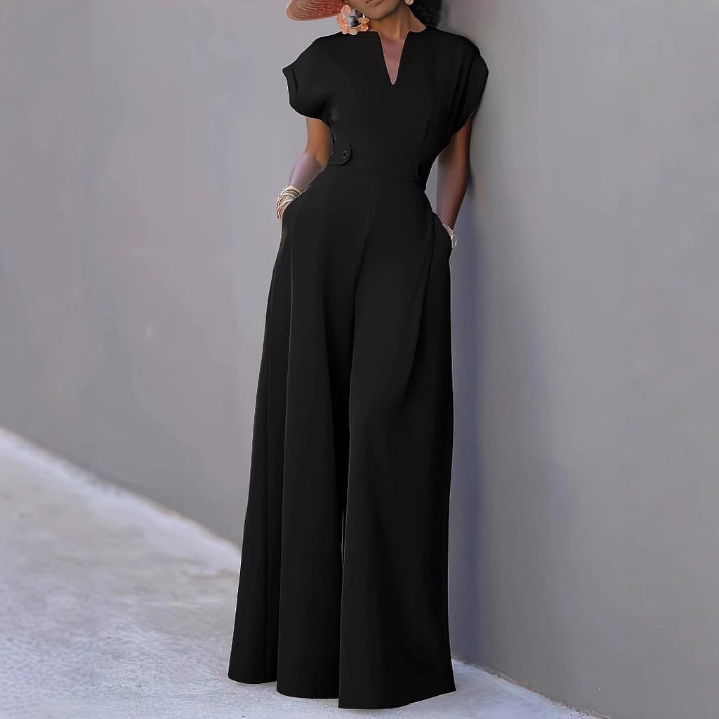 Women's V-Neck Wide-Leg Jumpsuit with Pockets