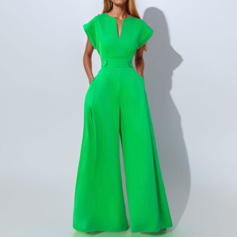 Women's V-Neck Wide-Leg Jumpsuit with Pockets