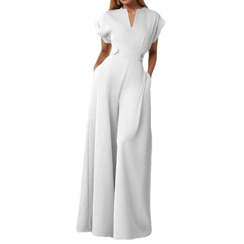 Women's V-Neck Wide-Leg Jumpsuit with Pockets