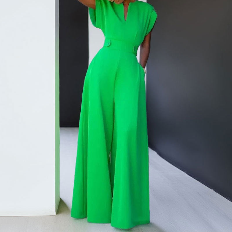 Women's V-Neck Wide-Leg Jumpsuit with Pockets